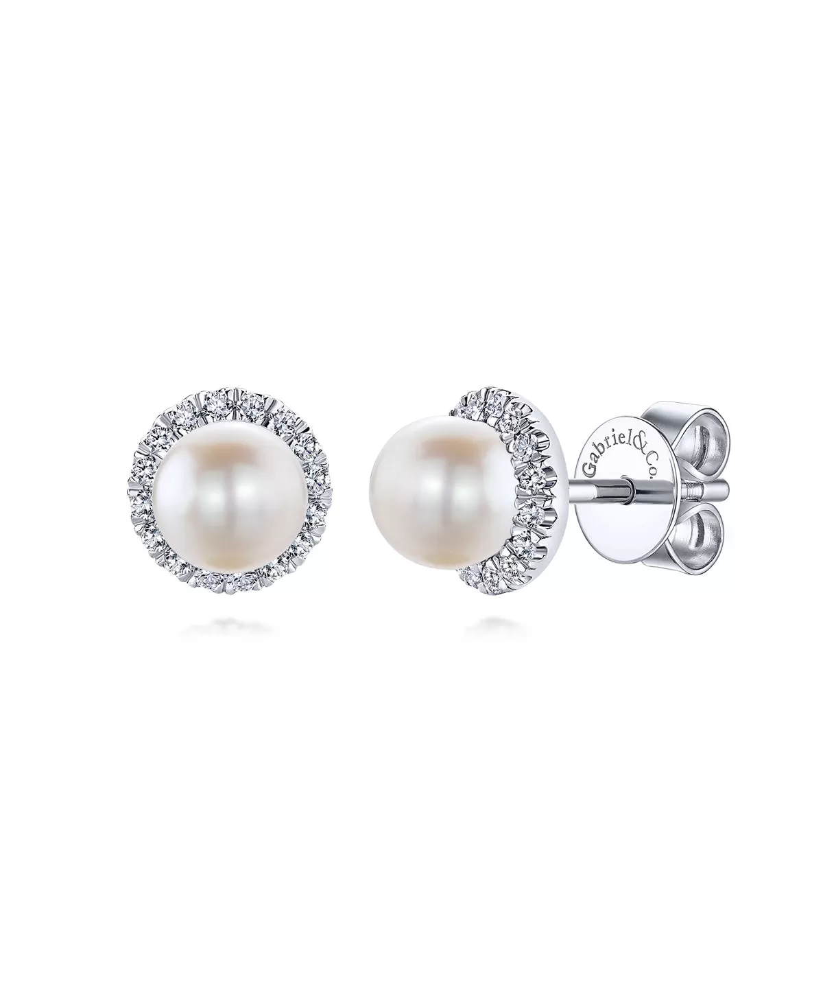 14K White Gold Round Diamond Halo Pearl Stud Earrings