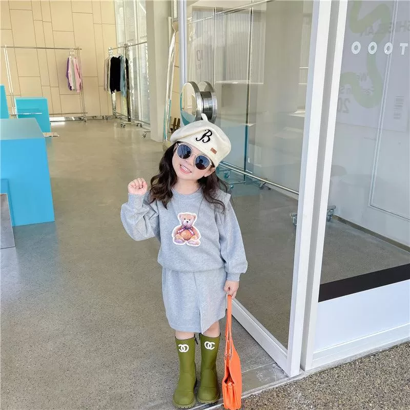 2 Pieces Set Baby Kid Girls Cartoon Print Hoodies Sweatshirts And Solid Color Skirts