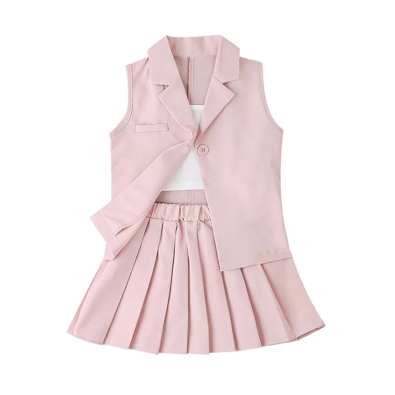 2022 Summer Girls' Sling T-shirt skirt vest Coat Three-piece Set