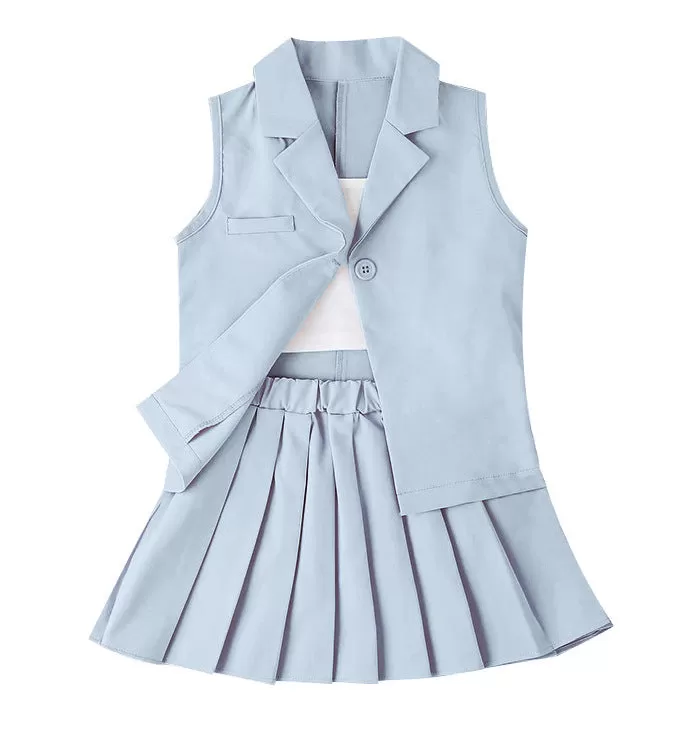 2022 Summer Girls' Sling T-shirt skirt vest Coat Three-piece Set