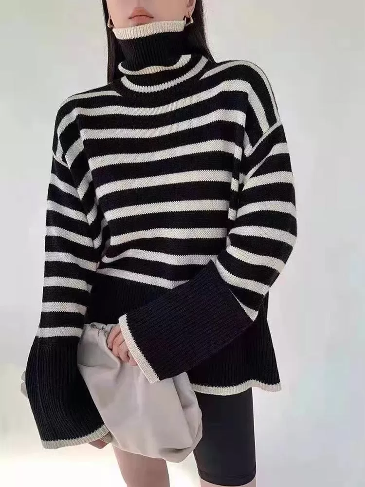 2023 New Knitted Sweater For Women Striped Turtleneck Knitwear Sweater Dresses