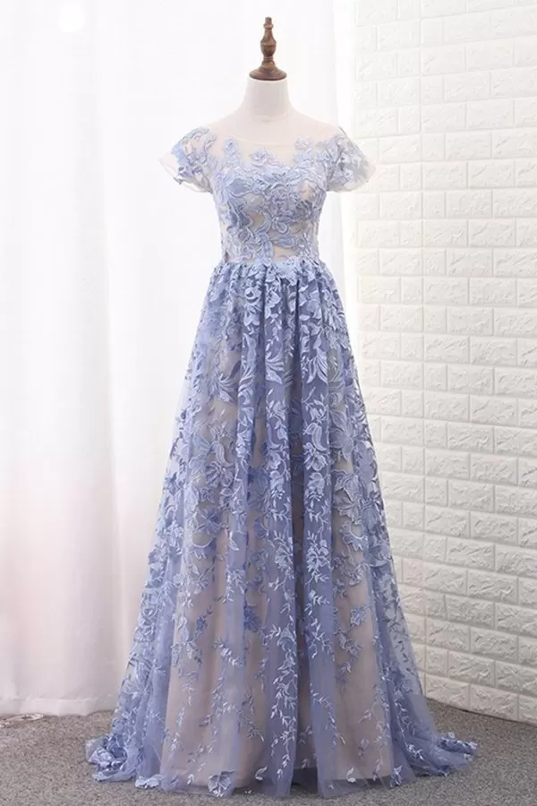 2024 Off The Shoulder Short Sleeves A Line Lace Prom Dresses P516ECQ6