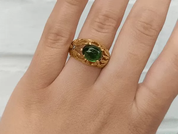 22K Gold Long Petal Cutout Ring with Center Cabochon Green Tourmaline