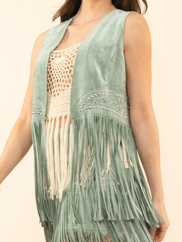 27 Faux Suede Star Stud Fringe Vest