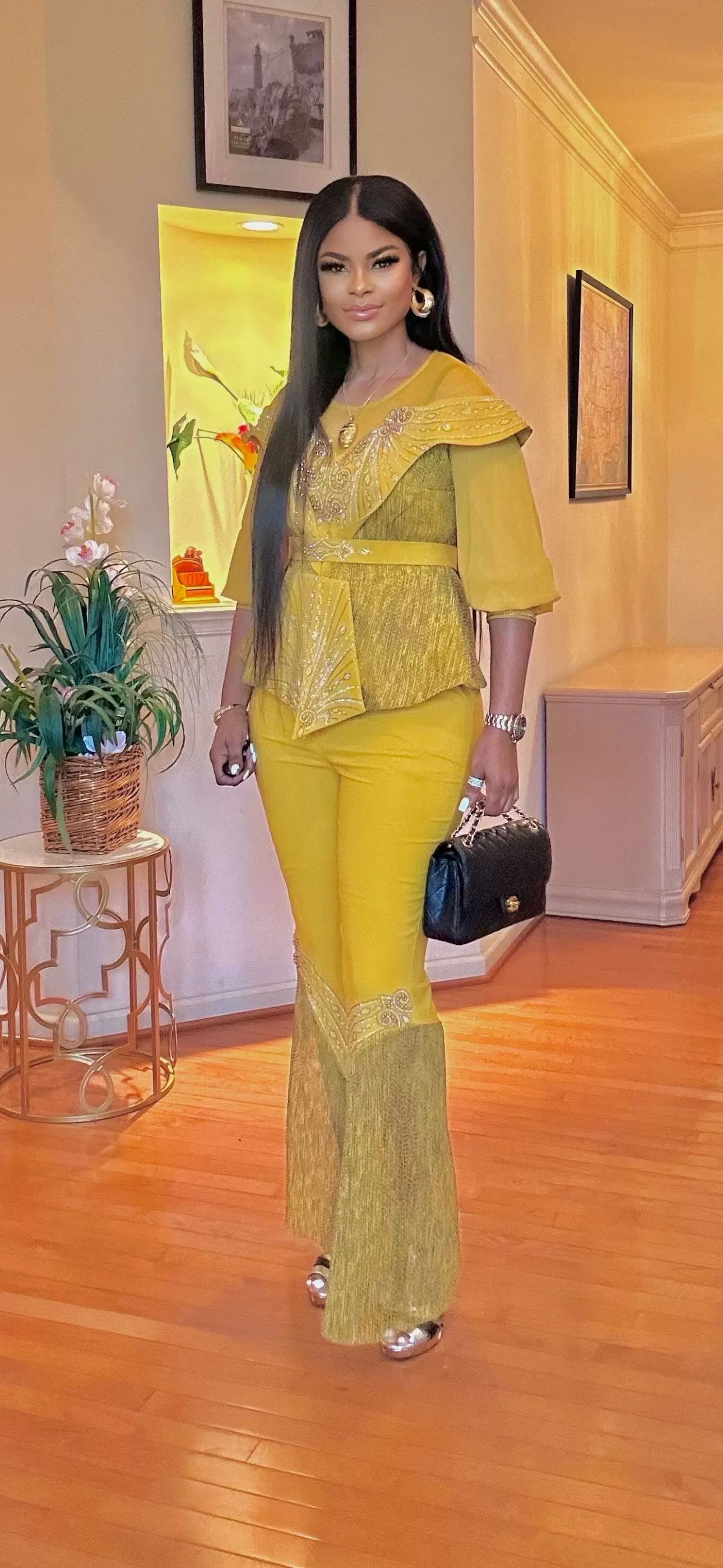 3PIECE SHORT SLEEVE- PALAZZO PANT SET(MUSTARD)