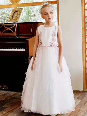 A-Line Sash Flower Girl Dresses Jewel Neck Lace Sleeveless  Kids Social Party Dresses