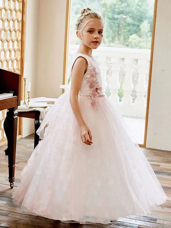 A-Line Sash Flower Girl Dresses Jewel Neck Lace Sleeveless  Kids Social Party Dresses