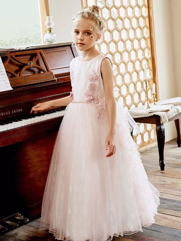 A-Line Sash Flower Girl Dresses Jewel Neck Lace Sleeveless  Kids Social Party Dresses