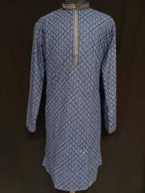 Alluring Navy Blue Color Rayon Schiffli Printed Men's Kurta And Pajama Pant