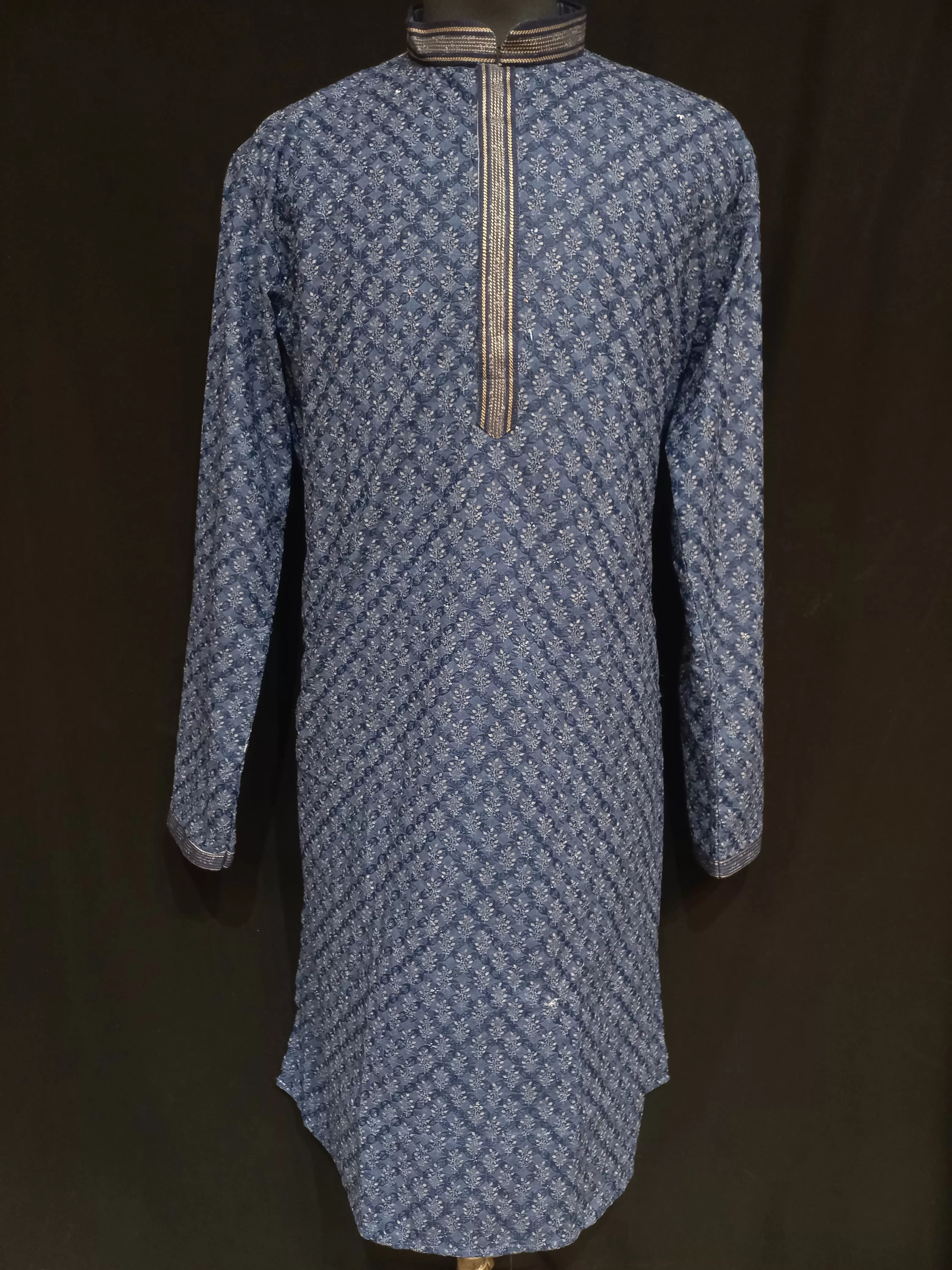 Alluring Navy Blue Color Rayon Schiffli Printed Men's Kurta And Pajama Pant