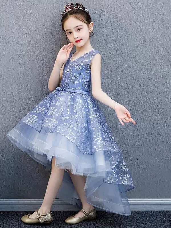 Asymmetrical Princess Hi-Lo Pink Flower Girl Dresses V-Neck Floral Lace Sleeveless Party Dresses