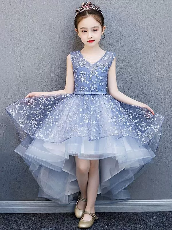 Asymmetrical Princess Hi-Lo Pink Flower Girl Dresses V-Neck Floral Lace Sleeveless Party Dresses