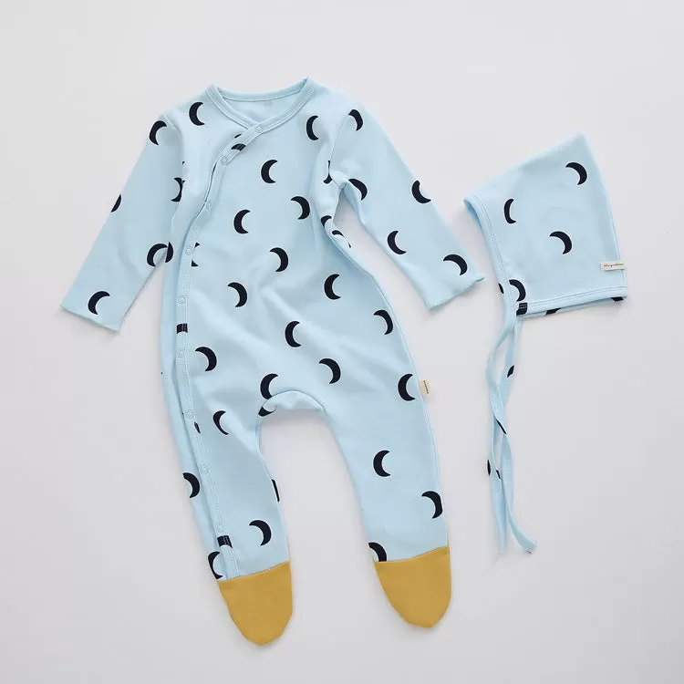 Baby Boys Girls Solid Color Cute Print Long-sleeved Wrapped Feet Jumpsuit Cap Pajamas Set