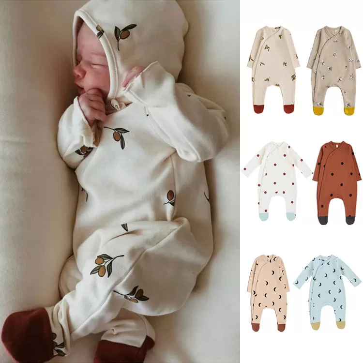 Baby Boys Girls Solid Color Cute Print Long-sleeved Wrapped Feet Jumpsuit Cap Pajamas Set