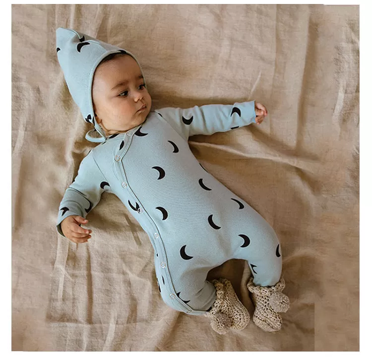 Baby Boys Girls Solid Color Cute Print Long-sleeved Wrapped Feet Jumpsuit Cap Pajamas Set