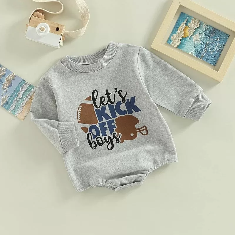 Baby Boys Solid Color Rugby Ball Letter Print Long-sleeved Jumpsuit