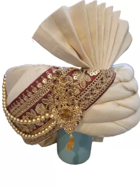 Beautiful Cream Colored Beaded Turban For Men