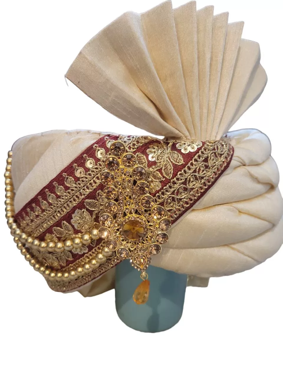 Beautiful Cream Colored Beaded Turban For Men