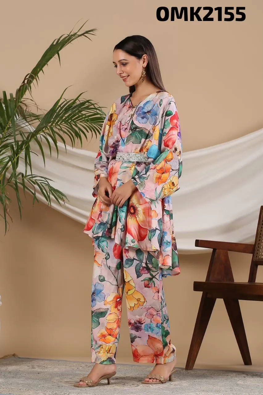 Beautiful Designer Digital Print Pure Muslin Two Piece Co-ord Set With Palazo Style Bottom & Complimentary Belt-FOF001CS