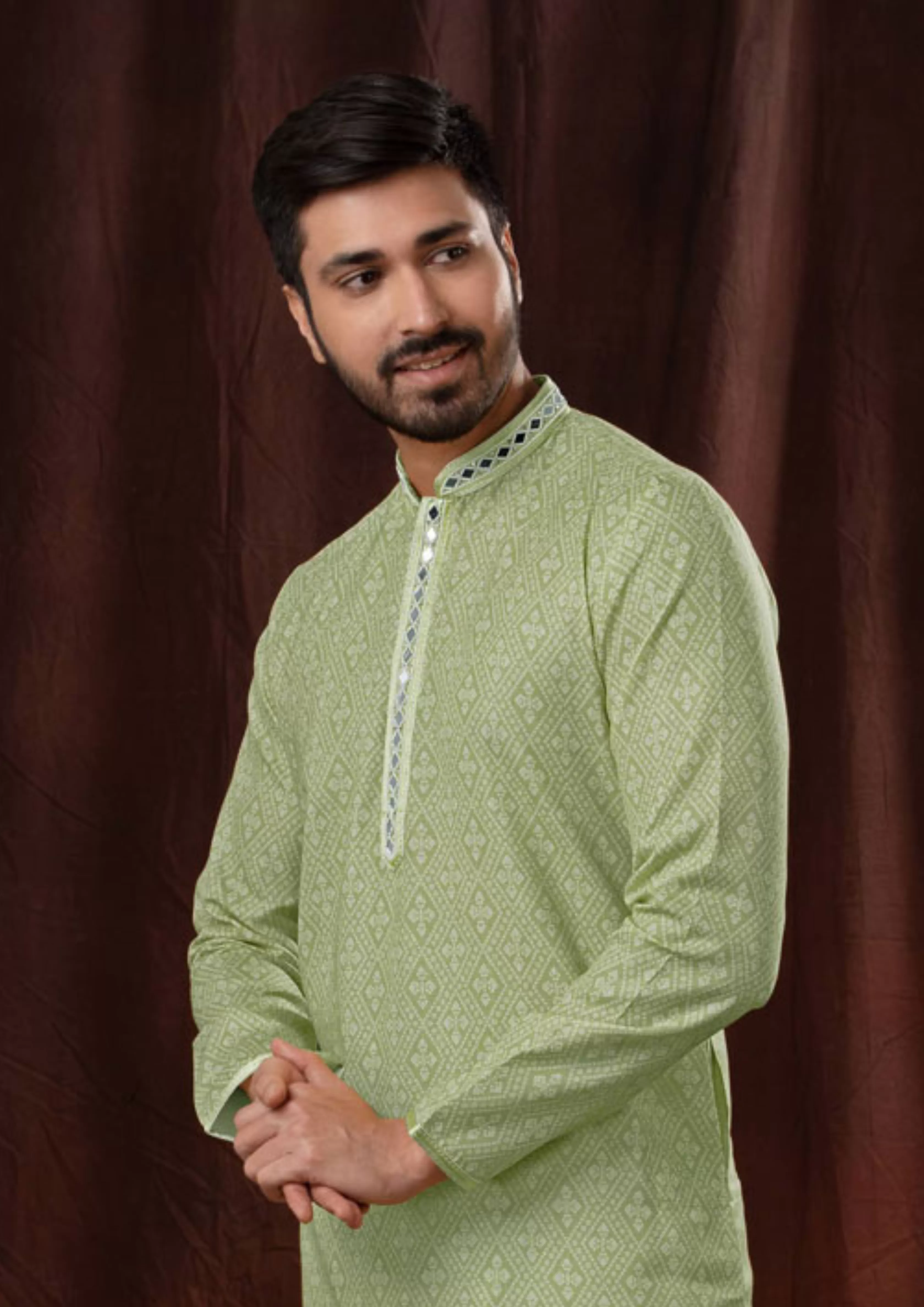 Beautiful Pista Green Cotton Kurta Pajama For Men