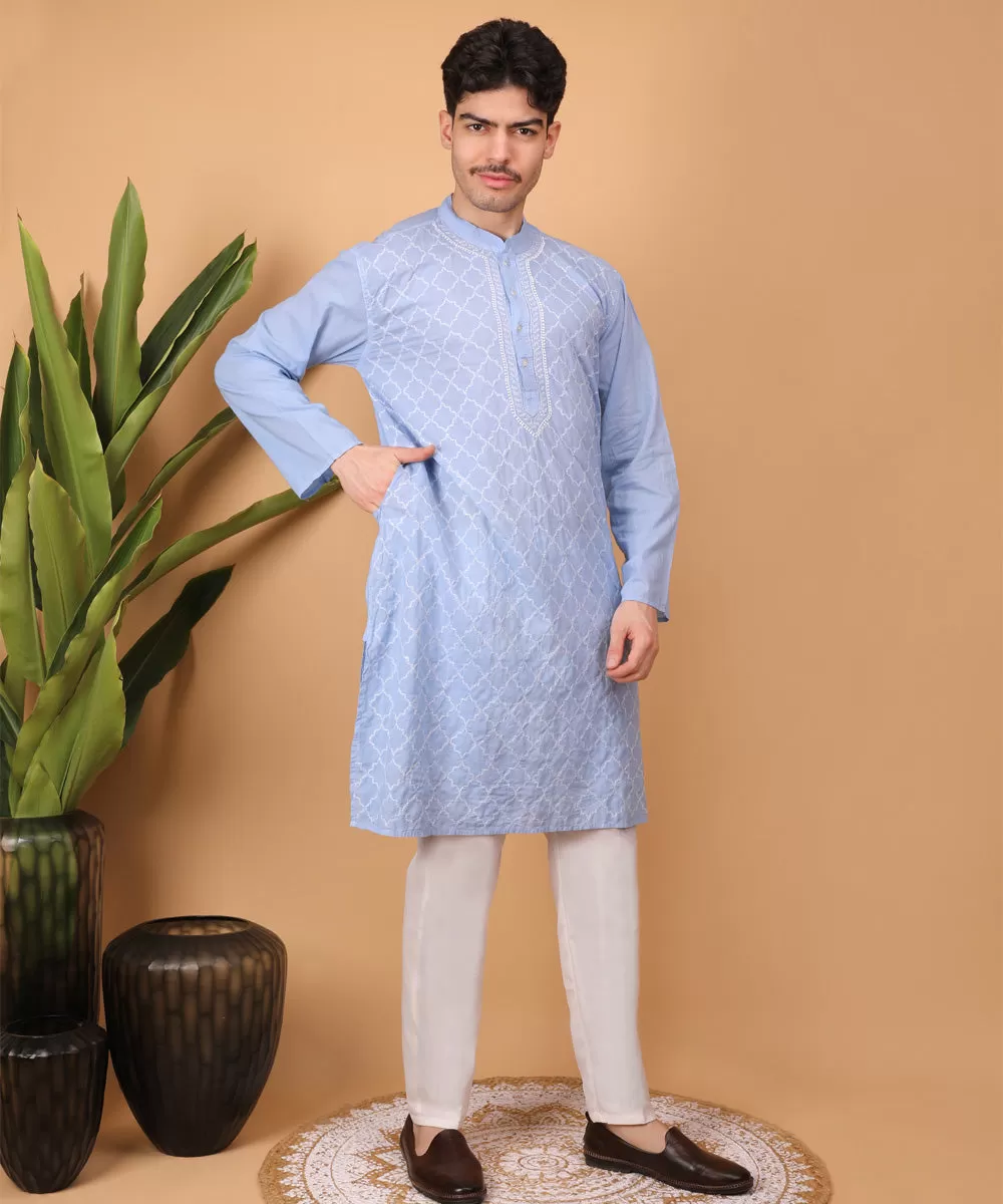 Blue hand embroidered cotton chikankari kurta