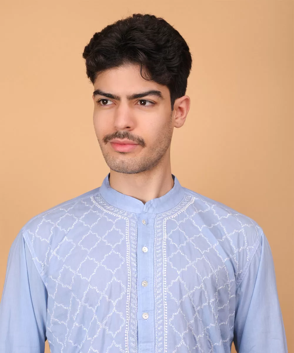 Blue hand embroidered cotton chikankari kurta