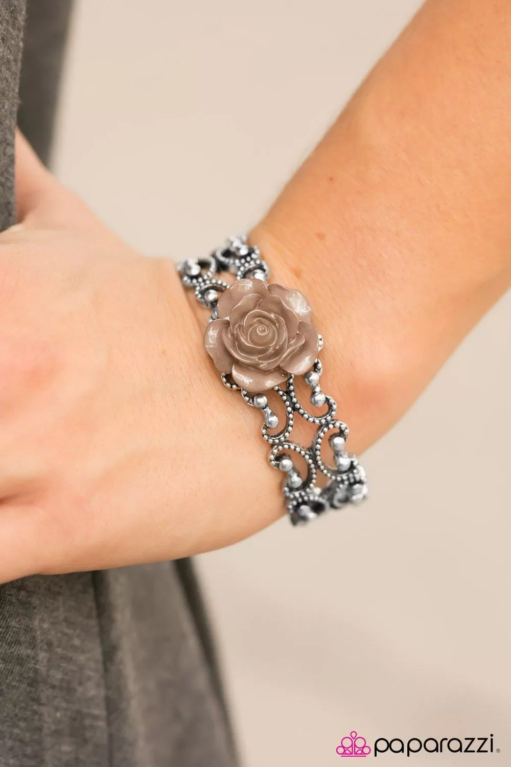 Botanical Bliss Brown Rose and Silver Cuff Bracelet - Paparazzi Accessories