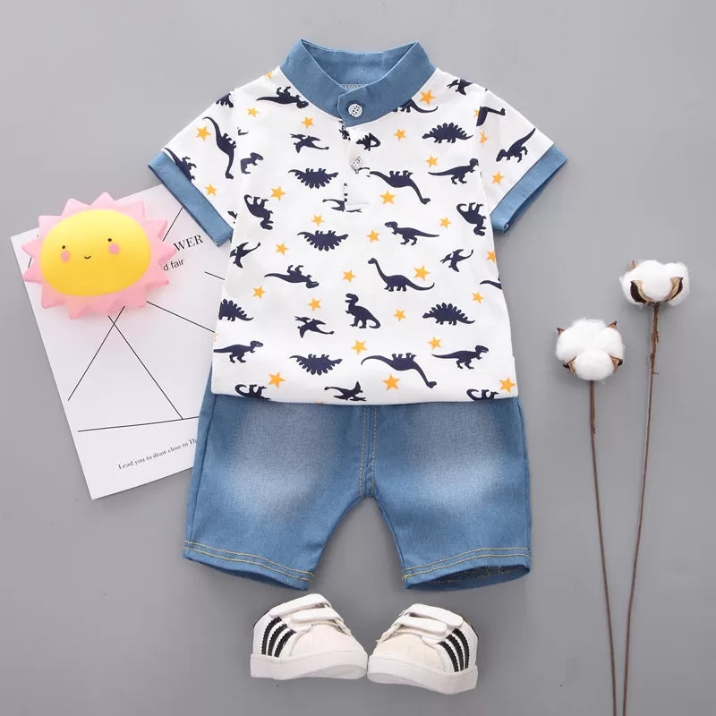 Boys' Summer Short-sleeved Two-piece Dinosaur Print Suit