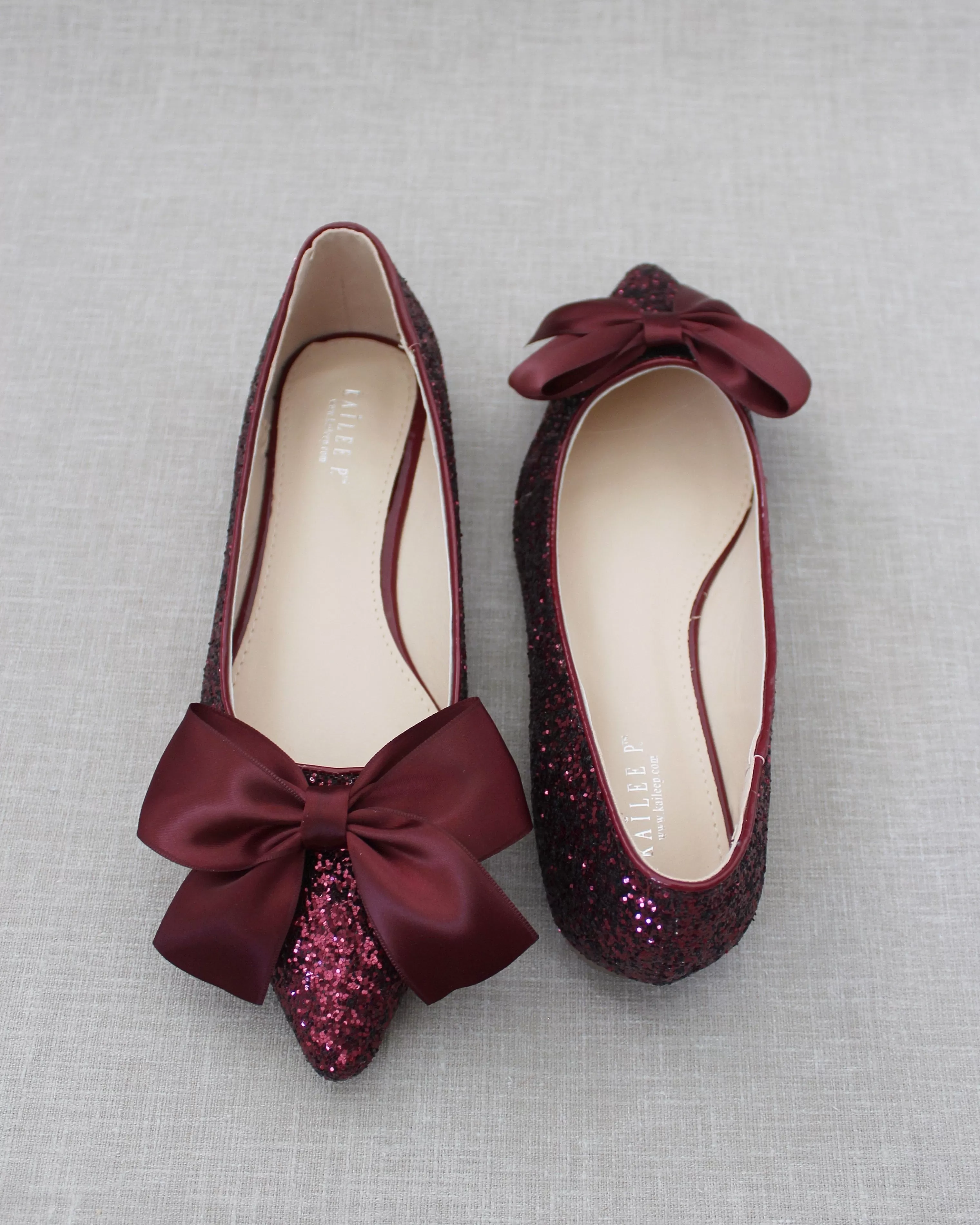 Burgundy Pointy Toe Glitter Evening Flats with Satin Bow