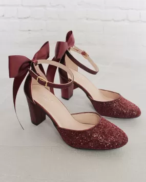 Burgundy Rock Glitter Block Heel with Back Satin Bow