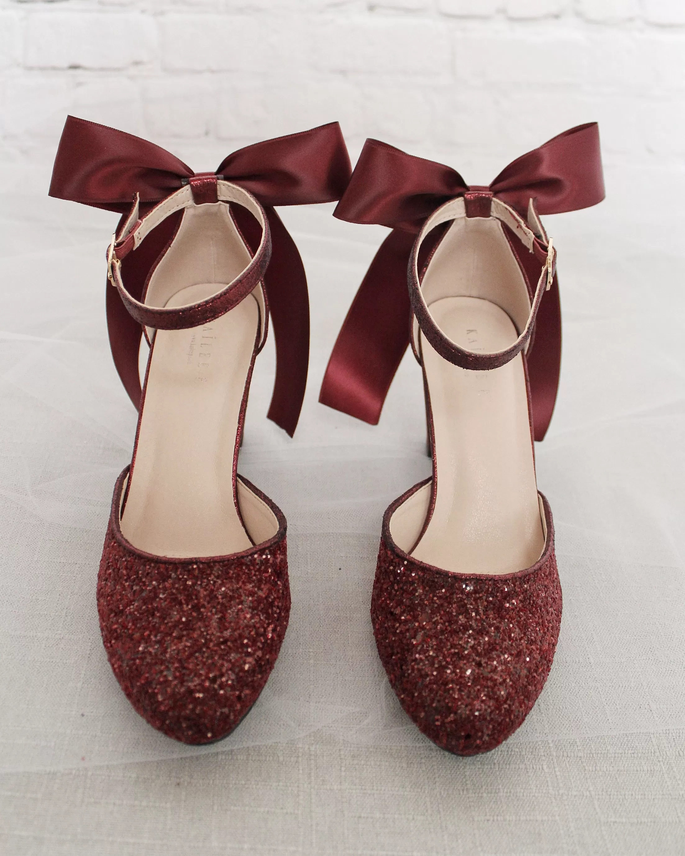 Burgundy Rock Glitter Block Heel with Back Satin Bow