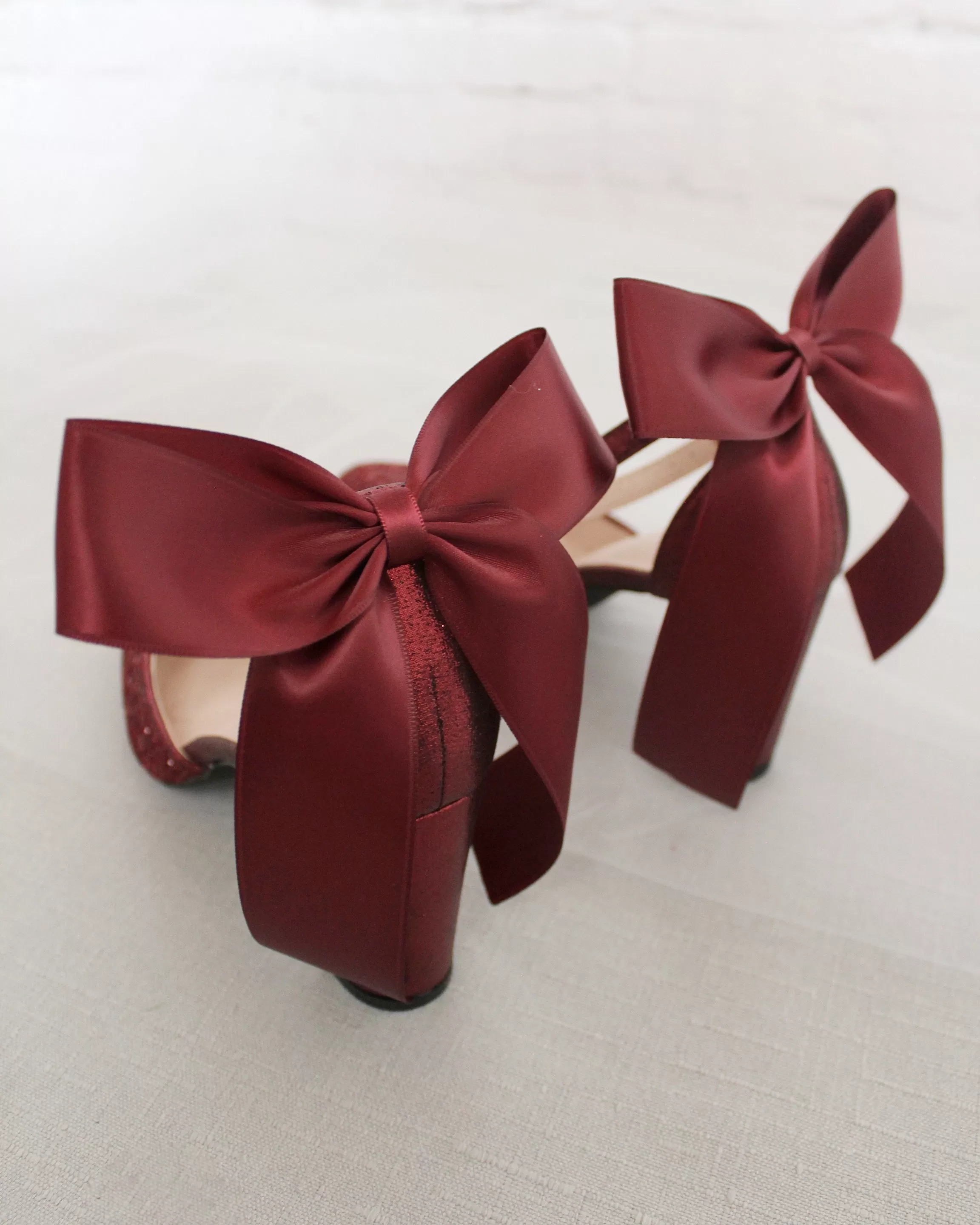 Burgundy Rock Glitter Block Heel with Back Satin Bow