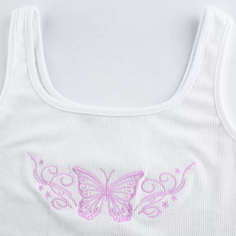 Butterfly Embroidery Sleeveless Crop Top