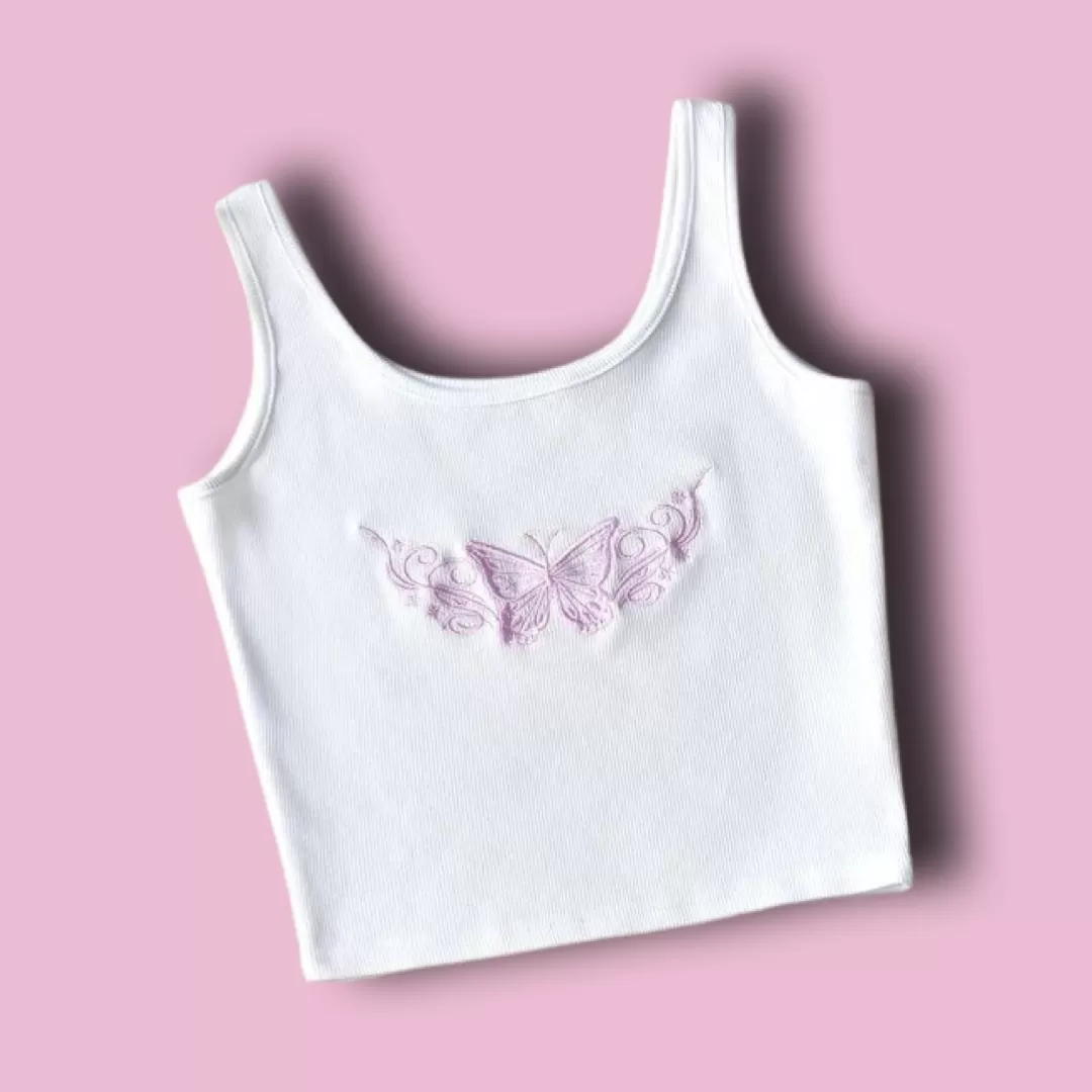 Butterfly Embroidery Sleeveless Crop Top