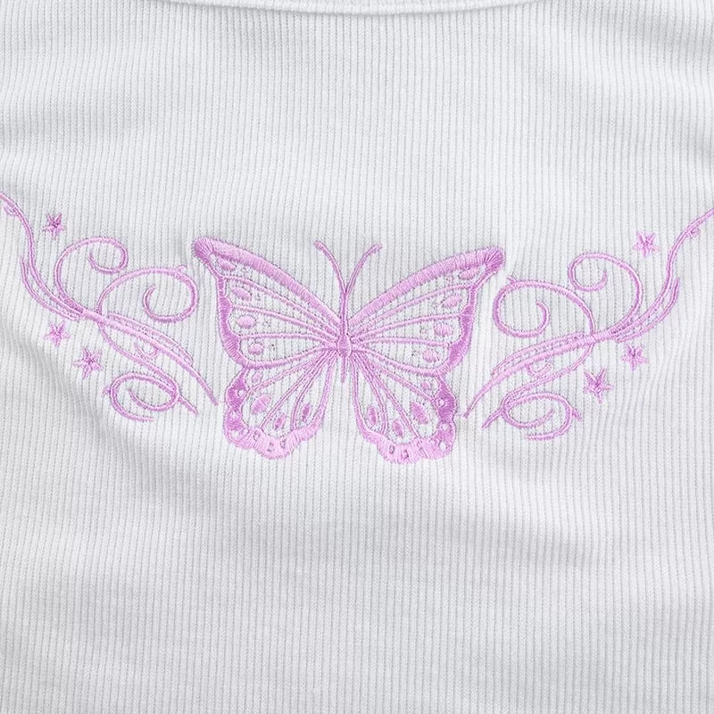 Butterfly Embroidery Sleeveless Crop Top