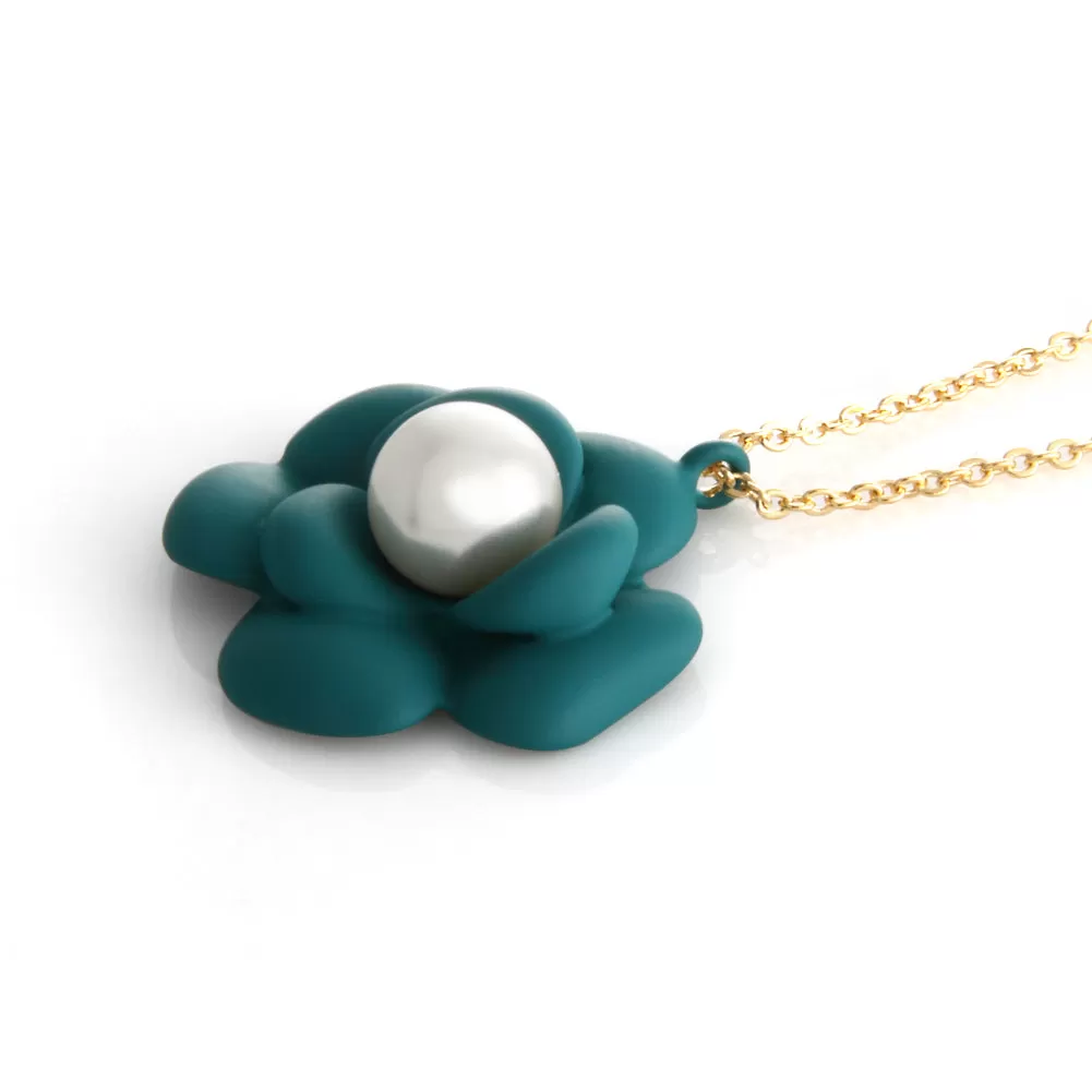 Camelia Flower Simulated Pearl Pendant Necklace