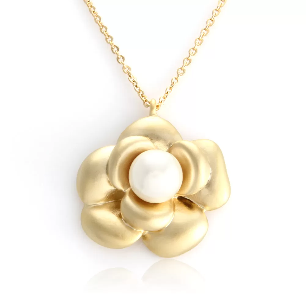 Camelia Flower Simulated Pearl Pendant Necklace