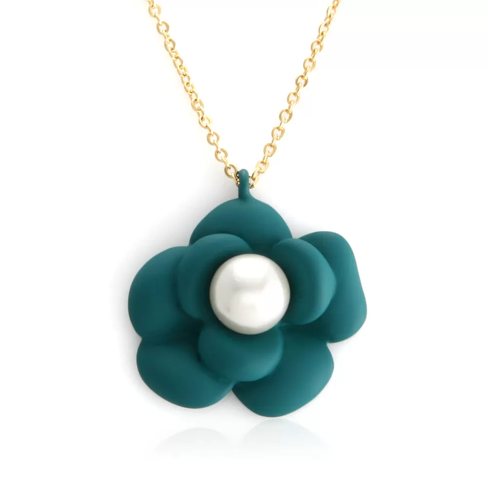 Camelia Flower Simulated Pearl Pendant Necklace