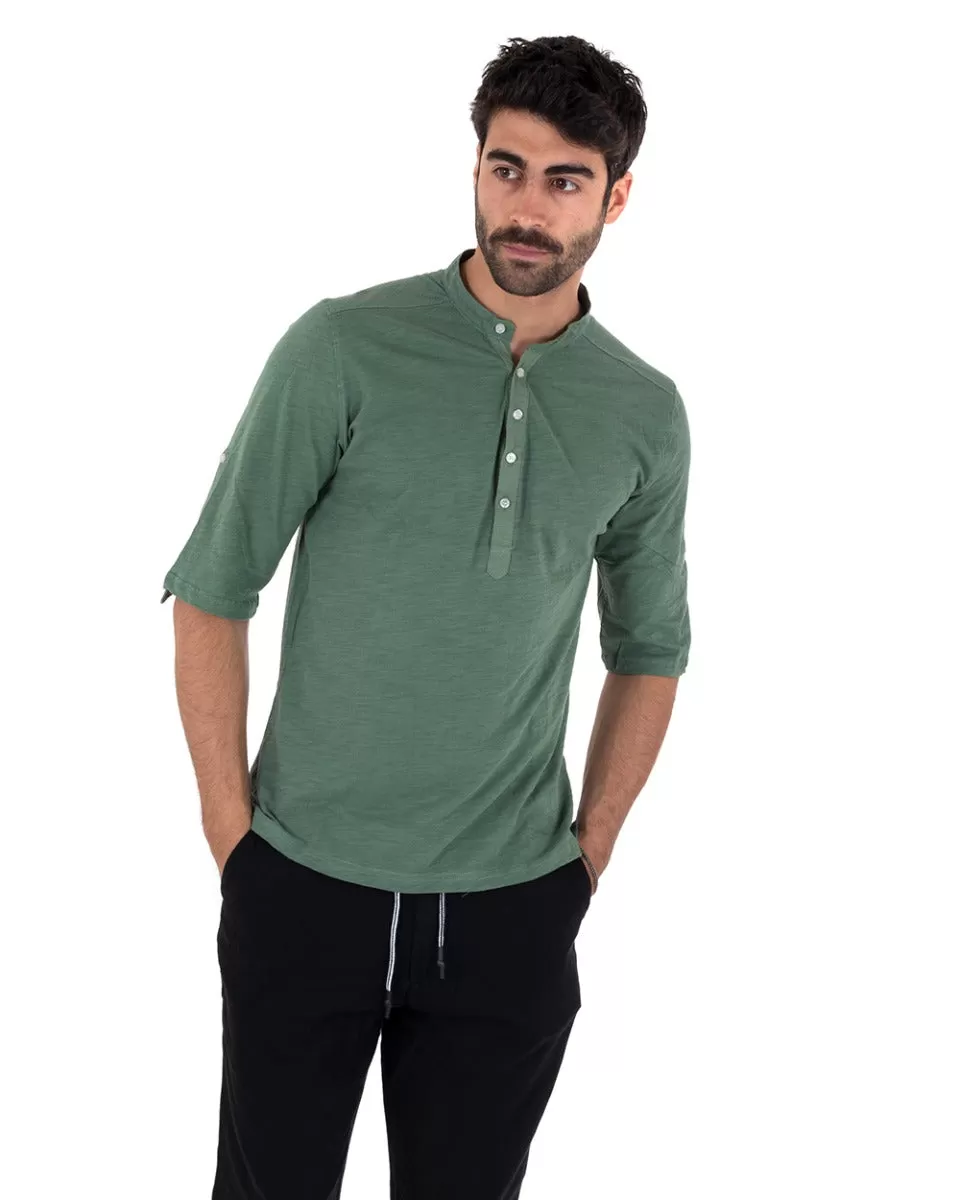 Camicia Uomo Casacca Morbida Serafino Bottoni Manica 3/4 Cotone Tinta Unita Verde Militare GIOSAL-C2340A