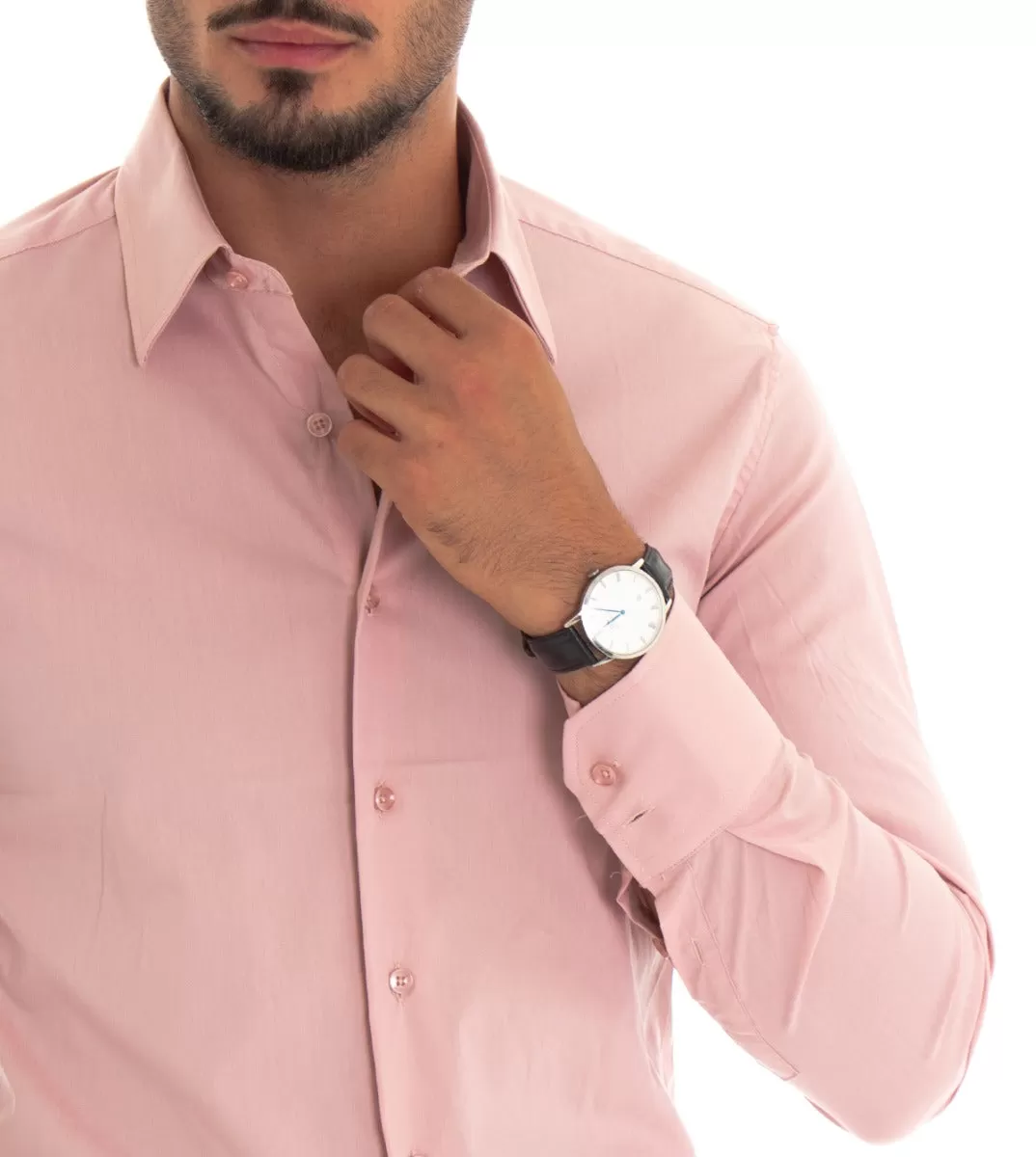 Camicia Uomo Con Colletto Manica Lunga Slim Fit Basic Casual Cotone Rosa GIOSAL-C1805A