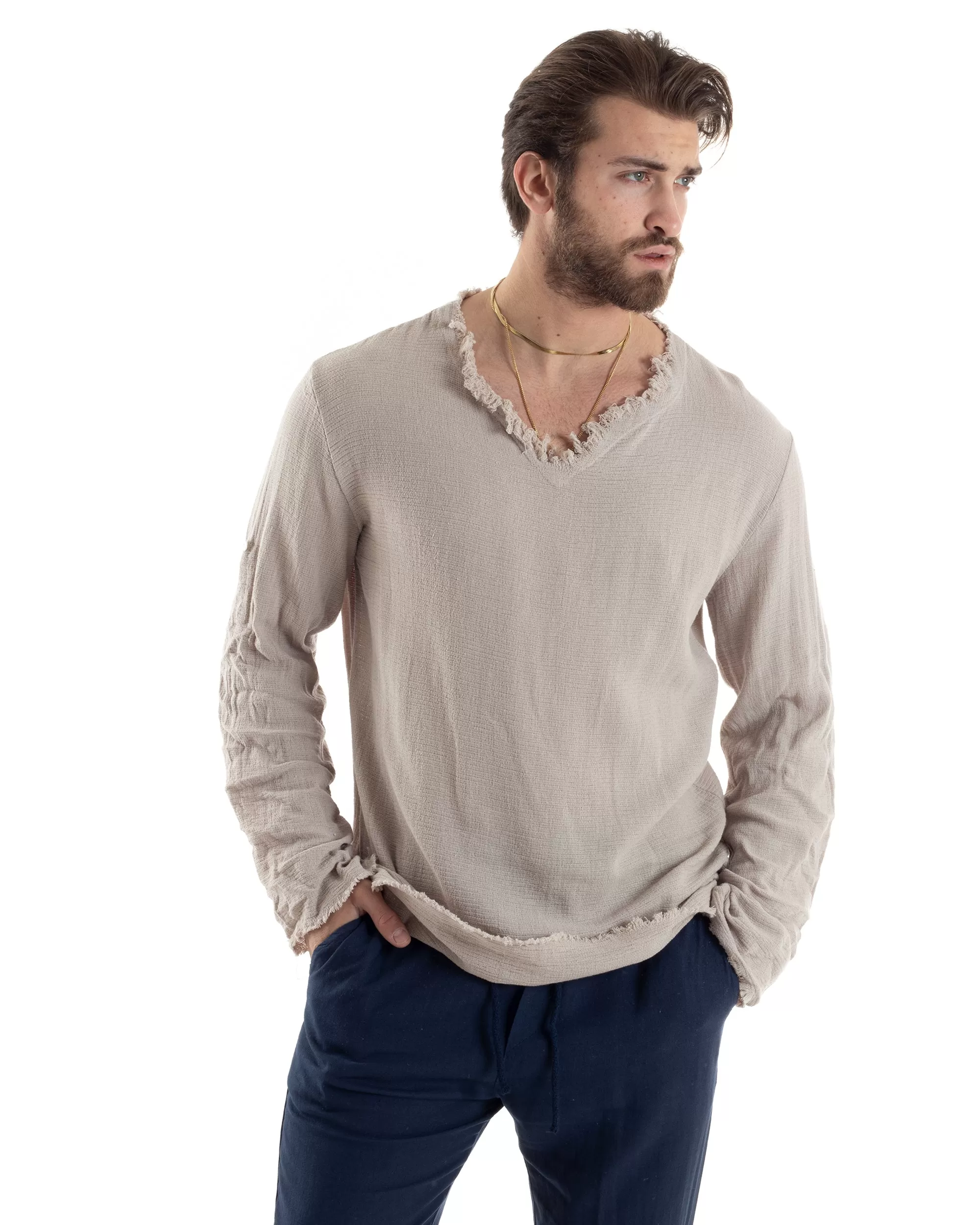 Camicia Uomo Manica Lunga Casacca Cotone Lino Scollo V Sfrangiata Regular Fit Beige GIOSAL-C2848A