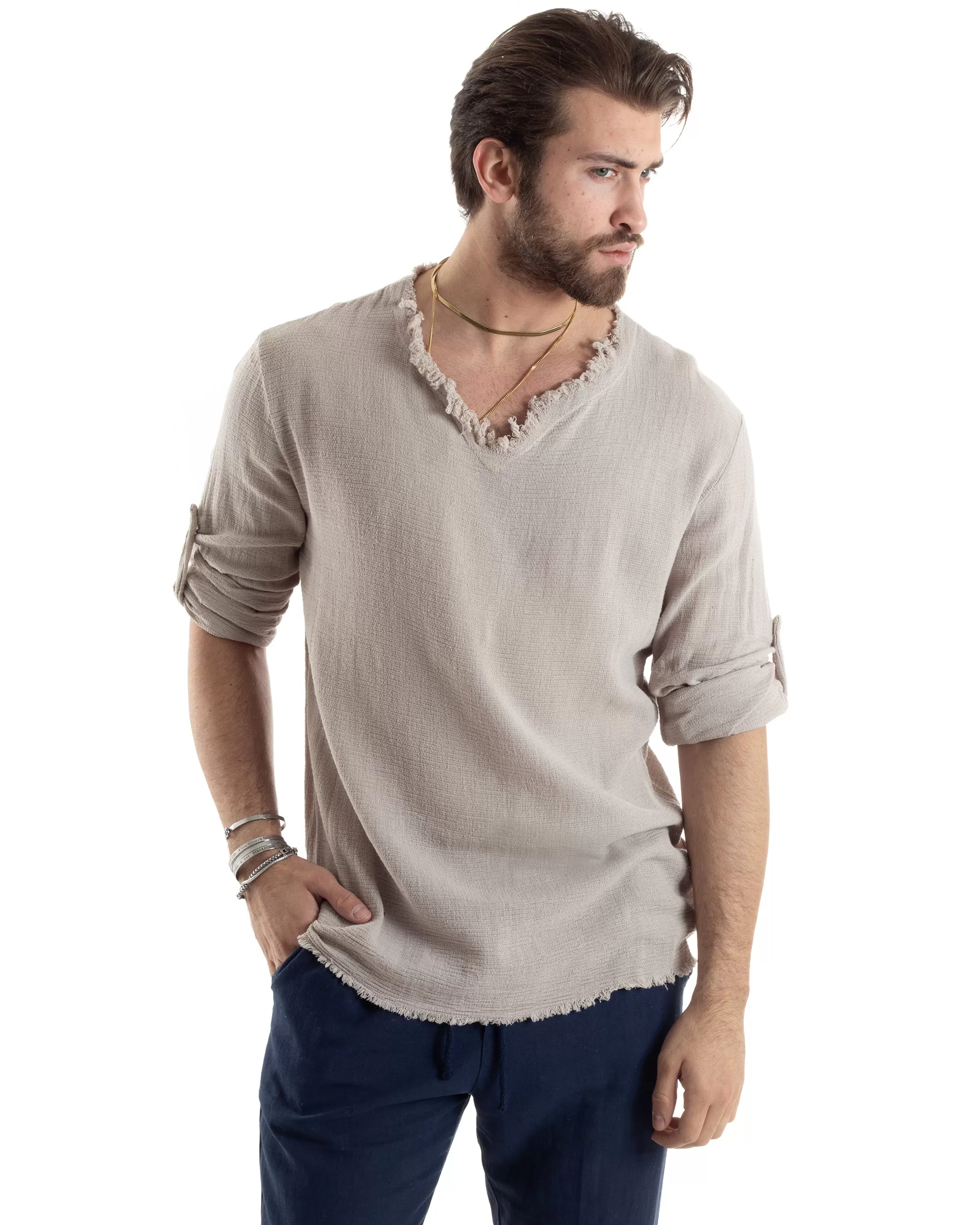 Camicia Uomo Manica Lunga Casacca Cotone Lino Scollo V Sfrangiata Regular Fit Beige GIOSAL-C2848A