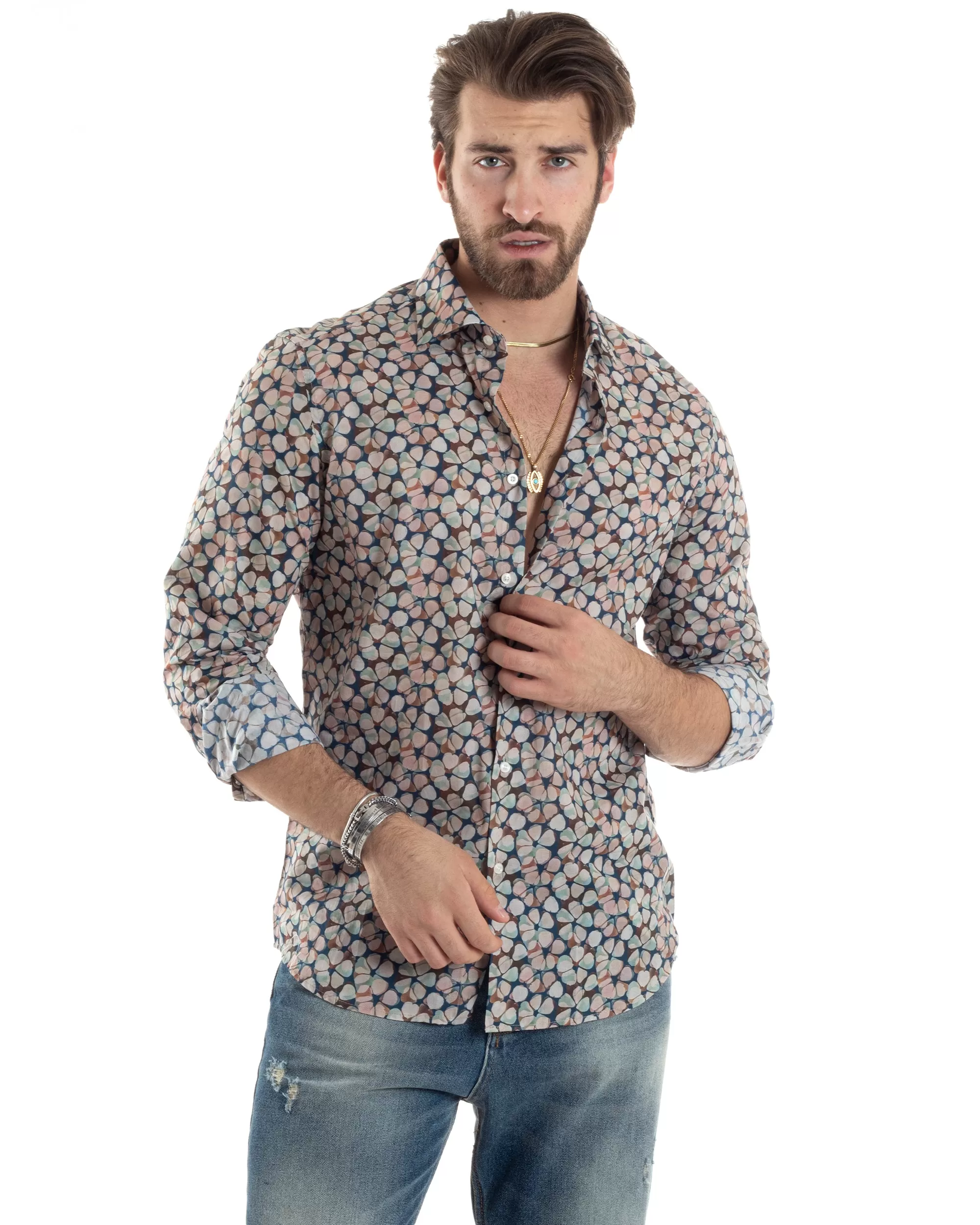 Camicia Uomo Manica Lunga Collo Francese Con Colletto Slim Fit Multicolore Fantasia Floreale GIOSAL-C2845A