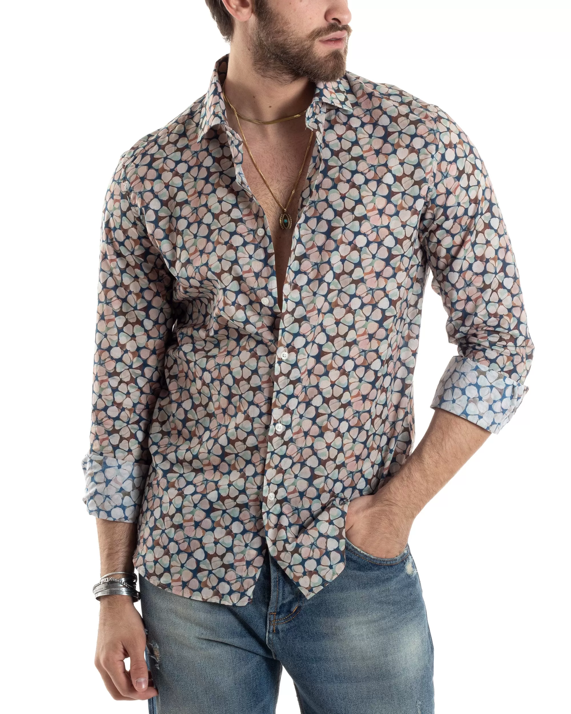 Camicia Uomo Manica Lunga Collo Francese Con Colletto Slim Fit Multicolore Fantasia Floreale GIOSAL-C2845A