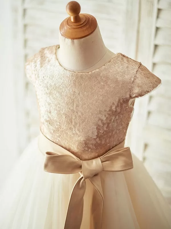 Champagne Glitter Sequins Jewel Neck Short Sleeves Sash Kids Party Dresses