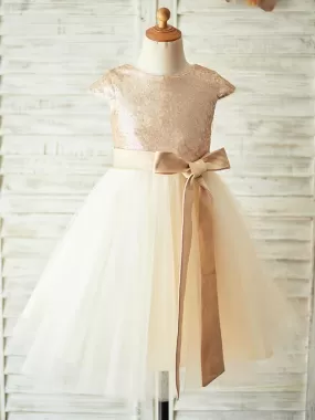 Champagne Glitter Sequins Jewel Neck Short Sleeves Sash Kids Party Dresses