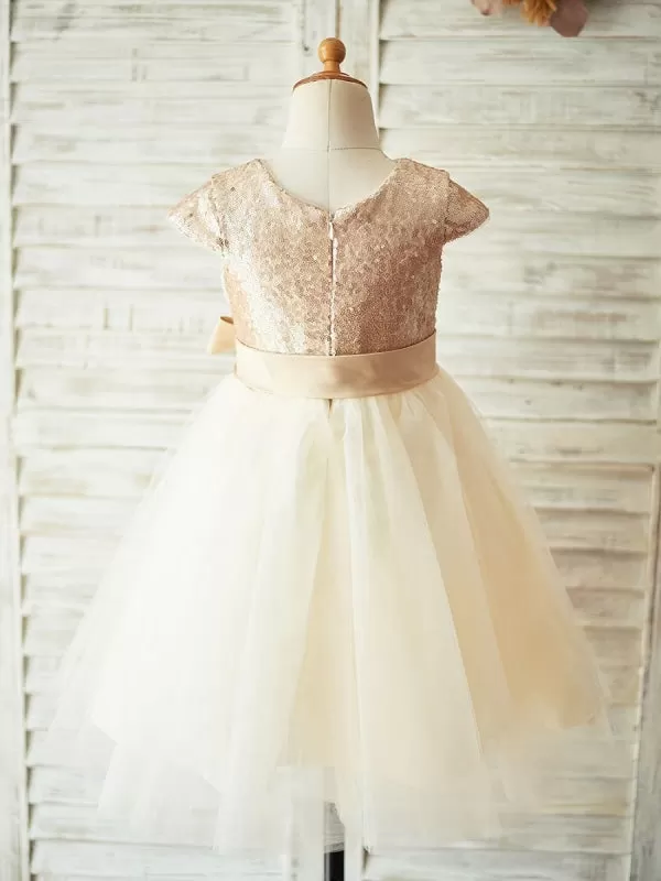 Champagne Glitter Sequins Jewel Neck Short Sleeves Sash Kids Party Dresses