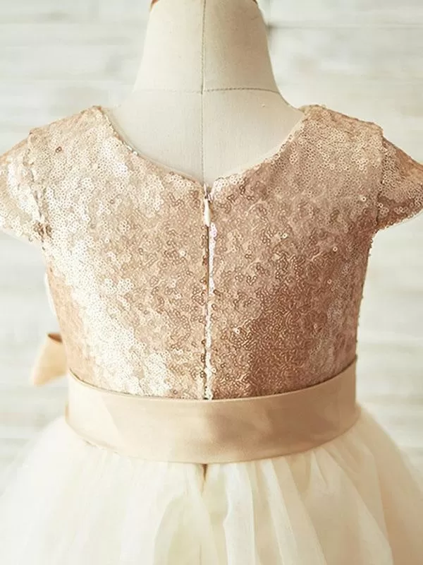 Champagne Glitter Sequins Jewel Neck Short Sleeves Sash Kids Party Dresses