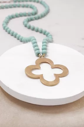 Clover Long Wooden Bead Necklace with gold Flower - Mint Green Blue