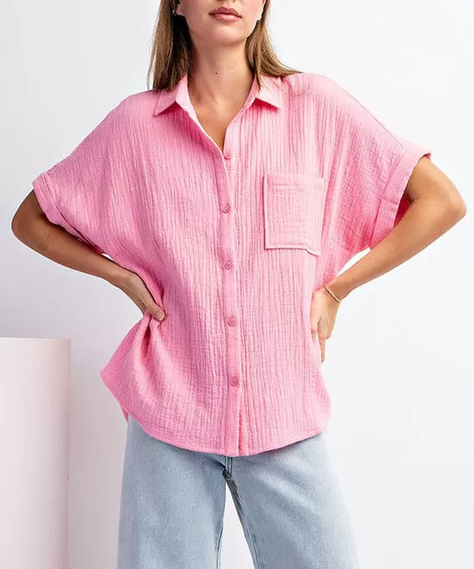 Cotton Gauze Button Down Top - Bubble Pink